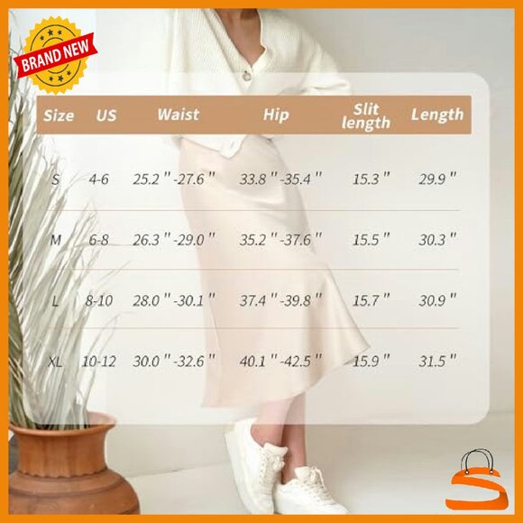 Satin Midi Skirt High Waist Elastic A-Line Slit Flowy Summer - Picture 7 of 7